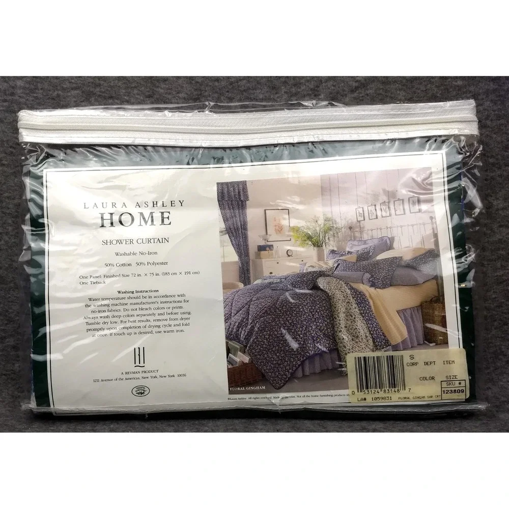 Laura Ashley Fabric Shower Curtain Floral Gingham Blue No Iron Washable Rare NEW
